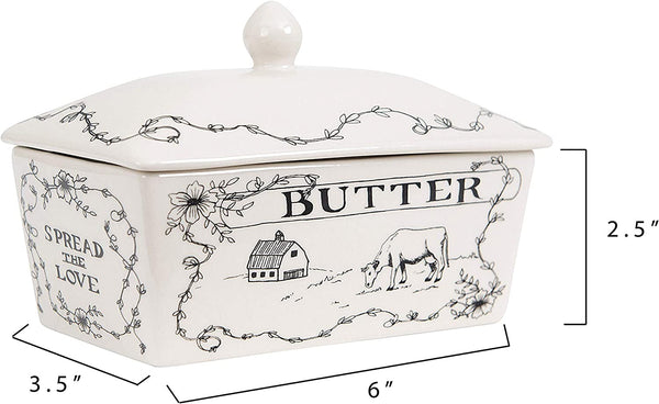 Creative Co-Op Country Stoneware Butter Dish with "Spread the Love" Message and Farm Landscape Design, White and Black3