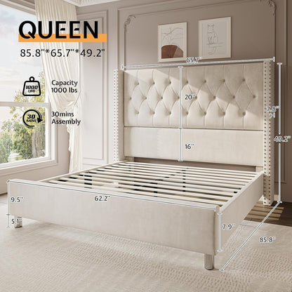 Queen Velvet Bed Frame with 49.2" Tall Wingback Headboard, Cream2