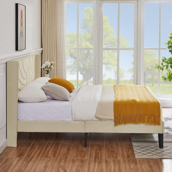 Upholstered Platform Queen Size Bed Frame with Fabric Headboard,Wooden Slats Support/No Box Spring Needed/Mattress Foundation,Beige9