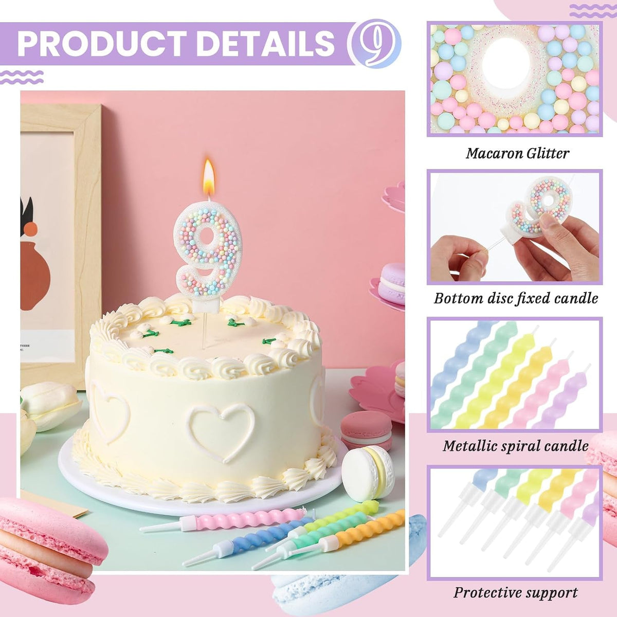 white-macaron-number-9-birthday-candle-with-12-rainbow-spiral-candles