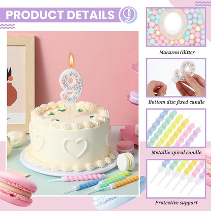 White Macaron Number 9 Birthday Candle with 12 Rainbow Spiral Candles3