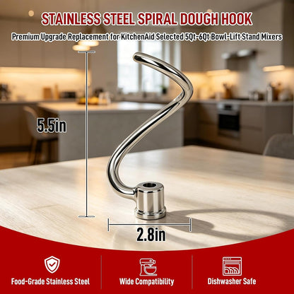 Stainless Steel Spiral Dough Hook Replacement for Kitchenaid 6 Qt Bowl-Lift Stand Mixer, Fits Professional 600, Epicurean, KP26M1X, Heavy Duty Bread Dough Attachment, Dishwasher Safe3