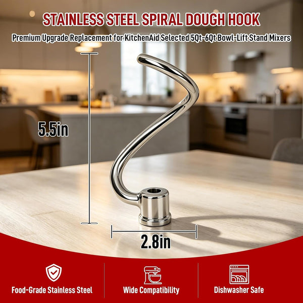 Stainless Steel Spiral Dough Hook Replacement for Kitchenaid 6 Qt Bowl-Lift Stand Mixer, Fits Professional 600, Epicurean, KP26M1X, Heavy Duty Bread Dough Attachment, Dishwasher Safe3