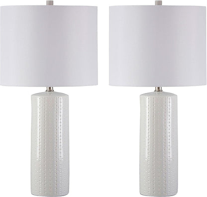 Signature Design by Ashley Table Lamp Set of 2, White Ceramic, 3-Way | Textured White Ceramic Base with Soft Drum Shade, 25-Inch Height Elevates Living Room End Tables, Steuben Series1
