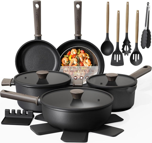 19 Pcs Pots and Pans Set Non Stick, Black Titanium Induction Kitchen Cookware Sets, Non Toxic Healthy Kitchen Cooking Set with Frying Pans Set, PTFE PFOA PFOS Free, Fathers Day Gift for Men1