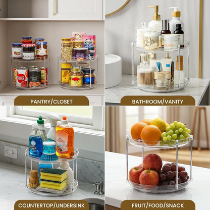 2 Tier Non-Skid Acrylic Lazy Susan Turntable Organizer - Rotating Spice Rack - Spinning Organization Tray for Kitchen, Pantry, Countertop, Closet, Bathroom, Vanity, Medicine Cabinet Organizing, 9.25''7