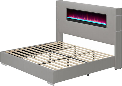 King Bed Frame with Fireplace, Upholstered Headboard, Light Gray9