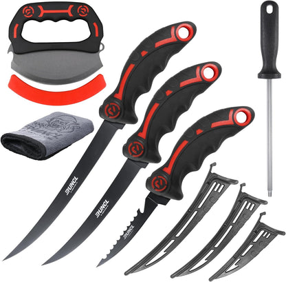 Ulu & Fillet Knife Set – 5”, 7”, 9” German High Carbon Steel Blades with Sheaths, Non-Slip Handles, Honing Rod & Carry Bag, Mezzaluna Knife for Kitchen, BBQ, Camping & Fishing, Gift for Father'S Day1