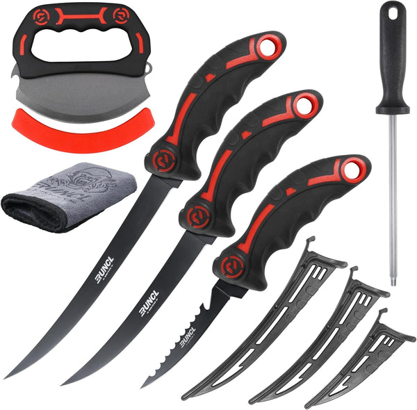 Ulu & Fillet Knife Set – 5”, 7”, 9” German High Carbon Steel Blades with Sheaths, Non-Slip Handles, Honing Rod & Carry Bag, Mezzaluna Knife for Kitchen, BBQ, Camping & Fishing, Gift for Father'S Day1