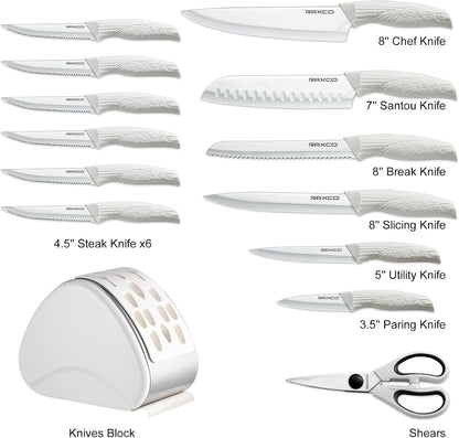 15-Piece White Knife Set with Block & Built-In Sharpener | Dishwasher Safe Cutlery Set Includes 6 Chef Knives, 6 Steak Knives & Scissors, Non-Stick Anti-Rust Coating, Ergonomic Grips9