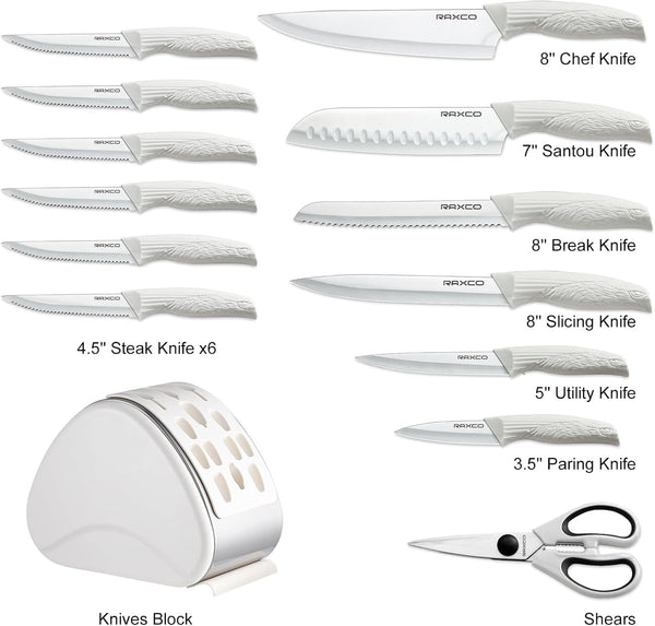 15-Piece White Knife Set with Block & Built-In Sharpener | Dishwasher Safe Cutlery Set Includes 6 Chef Knives, 6 Steak Knives & Scissors, Non-Stick Anti-Rust Coating, Ergonomic Grips9