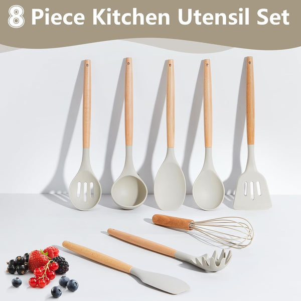 Silicone Kitchen Cooking Utensils Set with Wooden Handle, Khaki5