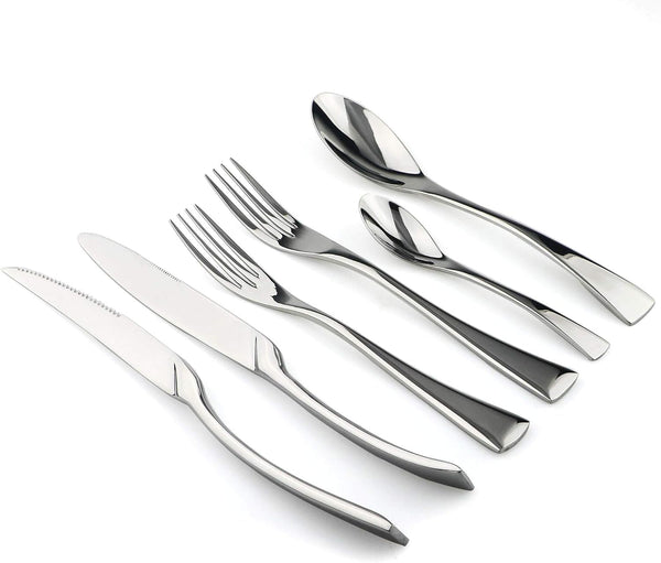 18/10 Stainless Steel Flatware Set, Serrated Steak Knife, Mirror Polishing Silver, Service for 42