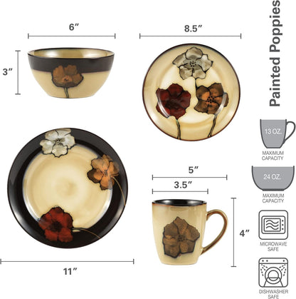 Painted Poppies 16-Piece Stoneware Dinnerware Set, Service for 4, Dinner Plates, Salad Plates, Bowls and Mugs, Dishwasher and Microwave Safe2