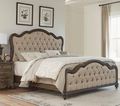 Vintage Brown Oak Finish Formal King Bed 1Pc Traditional Bedroom Furniture Button-Tufted Routed Edges1