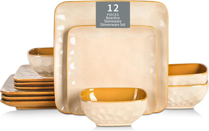 Ceramic Square 12 Pieces Dinnerware Set - Dinner Plates Salad Plates Cereal Bowls Set Service for 4 - Scratch Resistant Microwave Oven Dishwasher Safe - Beige1
