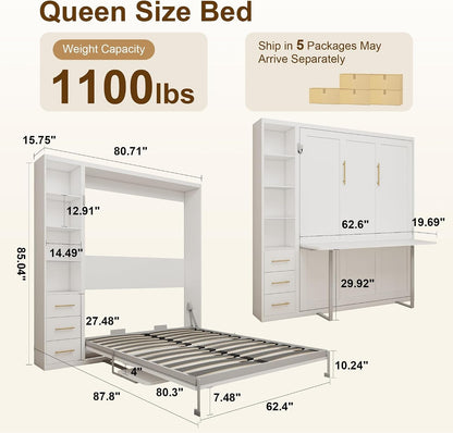Queen Murphy Bed with Desk & Storage,4-Smooth Hydraulic Lift, White3