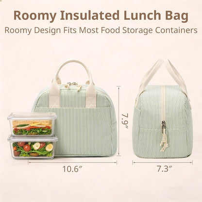 Lunch Box for Women, Insulated Lunch Bag, Green Stripe Tote9