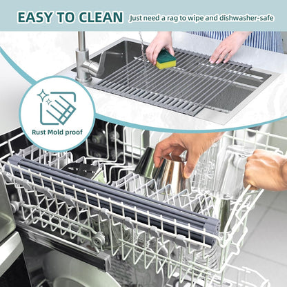 over Sink Dish Drying Rack Silicone Wrapped 17.6" W X 15.4" L Large over the Sink Roll up Dish Drainer - Foldable Sink Drying Rack Rolling Drain Mats Anti-Slip Multipurpose for Kitchen Counter6