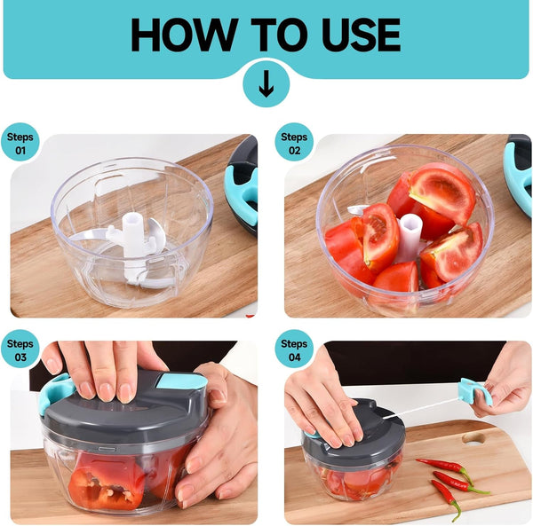 Manual Food Processor Vegetable Chopper, Portable Hand Pull String Garlic Mincer Onion Cutter for Veggies, Ginger, Fruits, Nuts, Herbs, Etc., 500Ml,（Gray-Blue）7