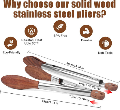 2-Pcstongs for Cooking with Wooden Tips - Nonstick Cooking Tongs & Salad Tongs for Blooming Food，Cooking, BBQ and Tossing Salad - Made of Natural Walnut Wood，Long Style15Inch Short Style 11.4Inch2