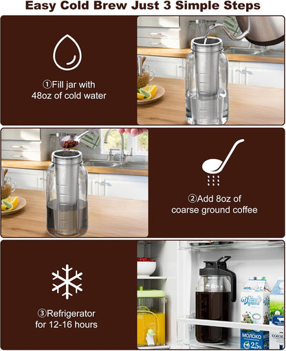 64 Oz Cold Brew Coffee Maker, Mason Jar Pitcher with 304 SS Filter | 100Μm Fine Mesh, Stainless Steel Filter, Airtight, Leakproof, Pour Flip Spout, Ergonomic Handle, Wide Mouth, Heavy-Duty Glass9