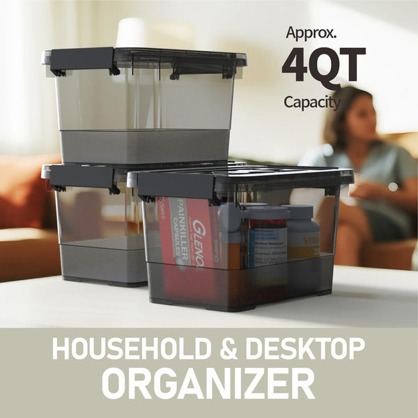 Black Plastic Storage Latch Bins, 8 Pack Clear Plastic Handle Box with Lids and Handle, Multi-Purpose, 4 Quart4