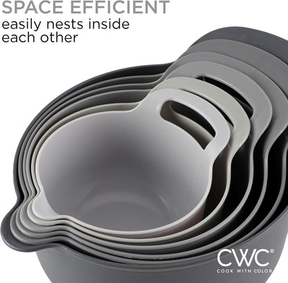 Nesting Plastic Mixing Bowl Set with Pour Spouts and Handles, Gray, 6 Piece Non-Slip6