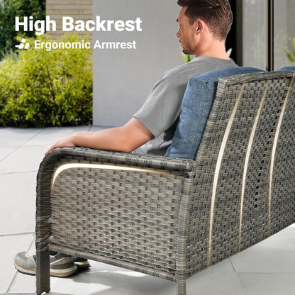4-Piece Patio Furniture Set, Outdoor Wicker Sofa with Chairs Coffee Table, High Back Rattan Couch Loveseat with Comfy Cushions for Porch Yard Deck, Denim Blue2