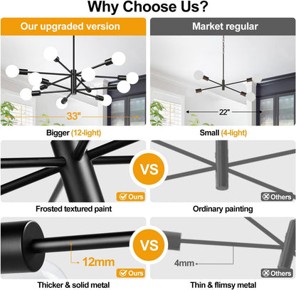 11"-52" Height Adjustable Modern Chandelier Ceiling Light Fixture, 12-Light Sputnik Chandeliers Matte Black Mid Century Chandelier over Table, Chandeliers for Dining Room Living (Bulbs Not Included)3