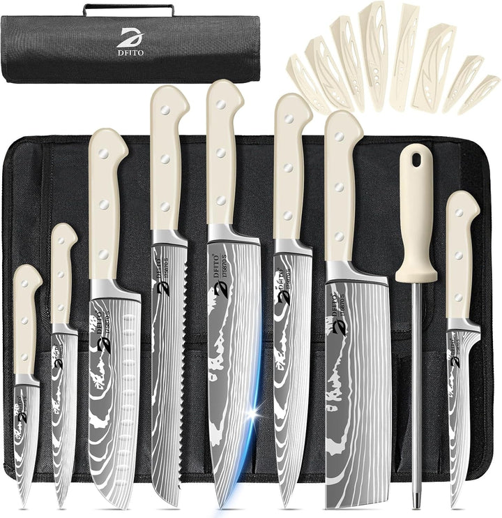 Chef Knife Sets with Roll Bag, Sharp Kitchen Knife Set with Sharpener | High Carbon Stainless Steel 9PCS Chef Knives Sets with Anti-Slip Ergonomic Handle for Camping, Travel, BBQ, RV or Gift, Beige