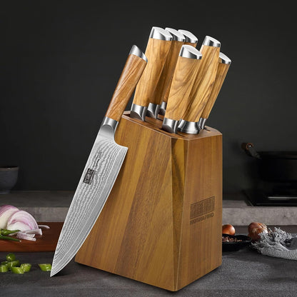 Damascus Knife Block Set 7PCS, Sharp Kitchen Knives with Sharpener | Professional Chef Knife Set | Japanese Super Steel | 15° Edge | 62 HRC | Ergonomic Olive Wood Handle | Ideal Cooking Gift7