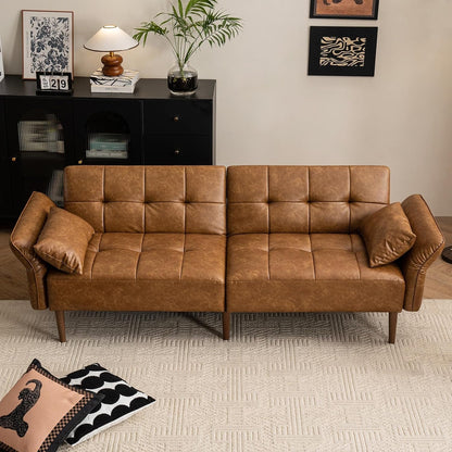 85" Futon Faux Leather Couch with Adjustable Armrests Brown9