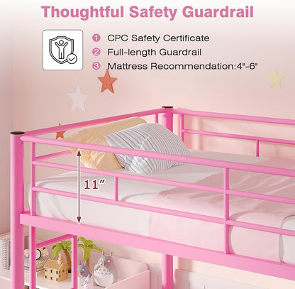Bunk Bed Twin over Twin, Metal Bunkbeds with Ladder and Full-Length Guardrail, No Box Spring Needed, Space Saving, Noise Free, Light Pink3