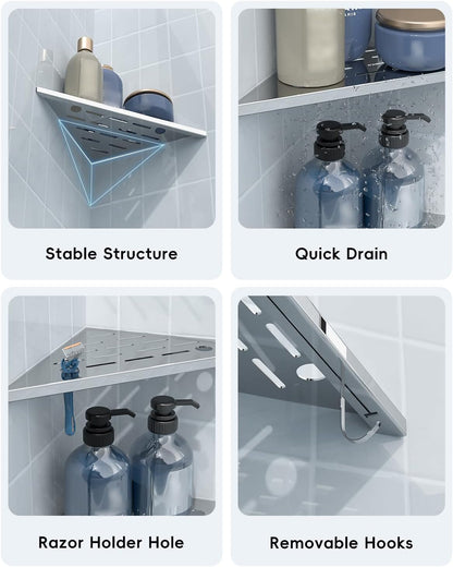 2 Pack Corner Shower Shelves 10", Chrome 304 Stainless Steel Recessed Bathroom Shelf with Razor Holding Hole and 2 Hools, for Tiled Wall No Drilling Needed5