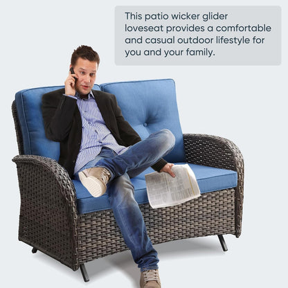 6 Piece Patio Conversation Sets - Wicker Patio Furniture Sets with Outdoor Swivel Rocker Chairs, Glider Loveseat Perfect for Patio Deck Backyard, Brown Wicker Blue Cushion7