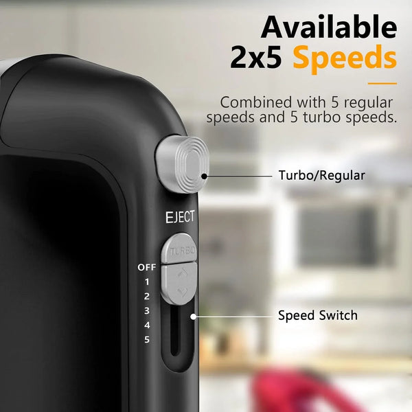 Hand Mixer Electric, 450W Kitchen Mixers with Scale Cup Storage Case, Turbo Boost/Self-Control Speed + 5 Speed + Eject Button + 5 Stainless Steel Accessories, for Easy Whipping Dough, Cream, Black3