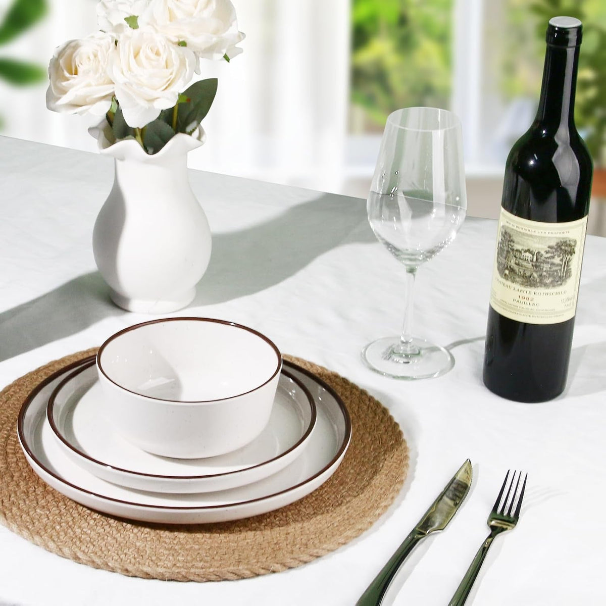 12-piece-melamine-dinnerware-sets-for-4-white-base-with-speckles-modern-plates-and-bowls-sets-lightweight-shatterproof-durable-dishware-for-camping-picnic-partywhite-with-dark-brown-rim