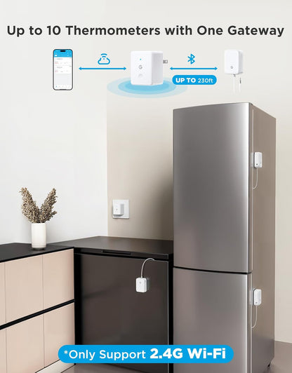 Wifi Refrigerator Thermometer Sensor with Alarm, 2-Pack & Gateway | Monitor Fridge/Freezer Temp Remotely with App Alerts & Buzzer 230Ft Range. for Kitchen/Hot Tub, Only Support 2.4G Wi-Fi4