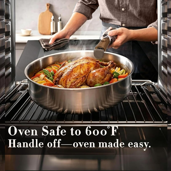 19Pcs Tri-Ply Stainless Steel Cookware Set with Detachable Handle | Pots and Pans Set, Even Heating, Non-Toxic, Induction Compatible, Dishwasher& Oven Safe, Space Saving, RV Cooking,Woodgrain9