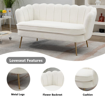 59" Small Modern Chenille Loveseat Sofa, 2-Seater Sofa with Gold Metal Legs, Small Couch with Flower Shaped Back for Living Room Bedroom Office (Ivory)3