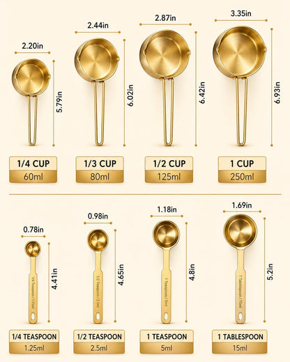 Gold Measuring Cups and Spoons Set, 8 Piece Stainless Steel Measuring Cup and Spoon Set for Baking and Cooking, Stackable Gold Kitchen Measuring Utensils for Dry and Liquid Ingredients5