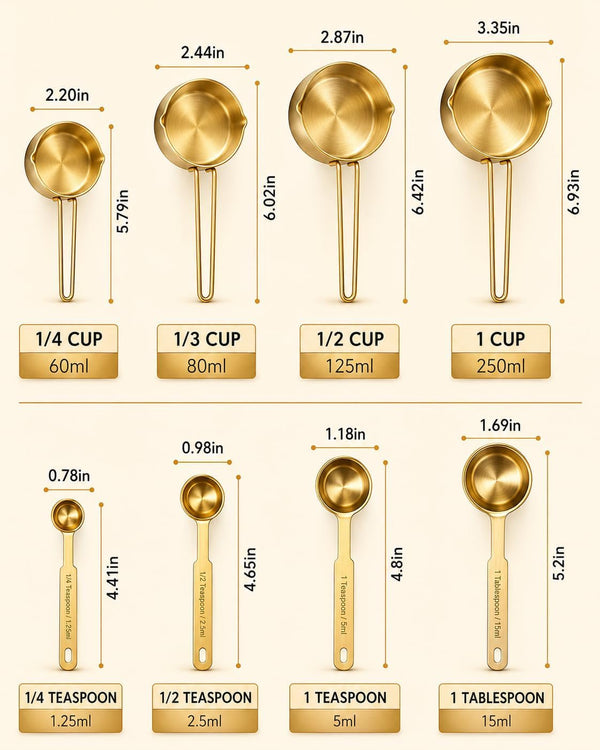 Gold Measuring Cups and Spoons Set, 8 Piece Stainless Steel Measuring Cup and Spoon Set for Baking and Cooking, Stackable Gold Kitchen Measuring Utensils for Dry and Liquid Ingredients5