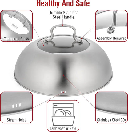 Carbon Steel Wok Pan – 11,8 “ Woks and Stir Fry Pans + Wok Lid 11.4 in - Premium Stainless Wok Cover with Tempered Glass 17" Wok Spatula and Ladle Skimmer Spoon4