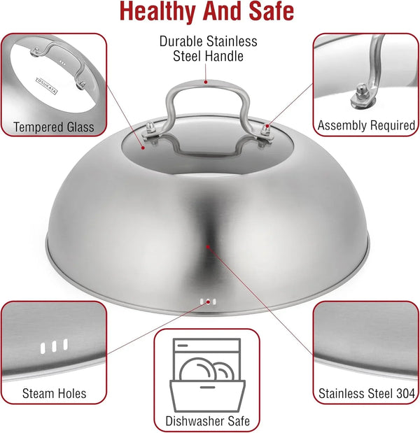 Carbon Steel Wok Pan – 11,8 “ Woks and Stir Fry Pans + Wok Lid 11.4 in - Premium Stainless Wok Cover with Tempered Glass 17" Wok Spatula and Ladle Skimmer Spoon4