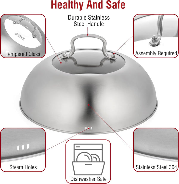 Carbon Steel 11.8" Stir Fry Wok Pan - Pre-Seasoned Chinese Wok with Flat Bottom + Wok Lid 11.4 in - Premium Stainless Wok Cover with Tempered Glass Insert + 17" Wok Spatula and Ladle5