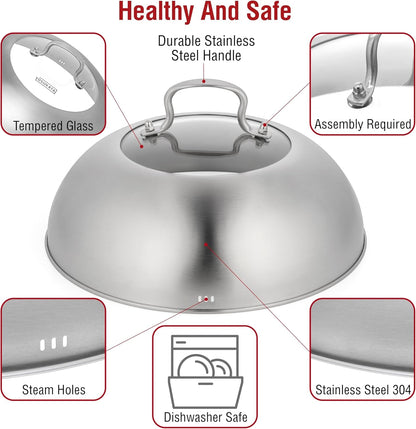 Carbon Steel Wok Pan – 11,8 “ Woks and Stir Fry Pans + Wok Lid 11.4 in - Premium Stainless Wok Cover with Tempered Glass Insert Steam Holes and Ergonomic Handle5