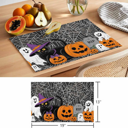 Halloween Pumpkin Placemats Set of 4,Ghost Black Cat Cotton Linen Heat-Proof Washable Placemat for Holiday Banquet Kitchen Table Decor,Spiderweb Black White Table Mat 13X19Inch9