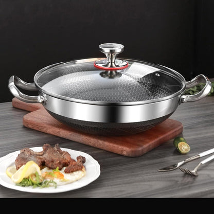Wok Pan, Hybrid Nonstick Wok with Lid, Non Stick Stainless Steel Large Deep Woks&Stir-Fry Pans,Stay-Cool Handle Skillets,Pfoa Free Cookware, Works on Induction,14.17In7