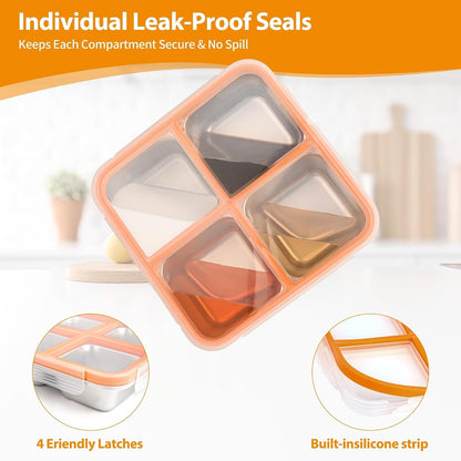 4 Pack Stainless Steel Snack Containers with Lids, 4-Compartment Leakproof Bento Snack Boxes, Reusable Dishwasher Safe Food Storage Containers for Adults, Office, Travel & Meal Prep (4Pack-A)3